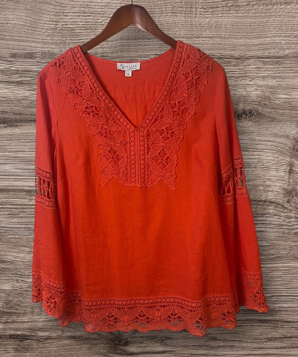 Silkland Orange Linen Blend Crochet Accent Long Sleeve Tunic Women's Size Medium